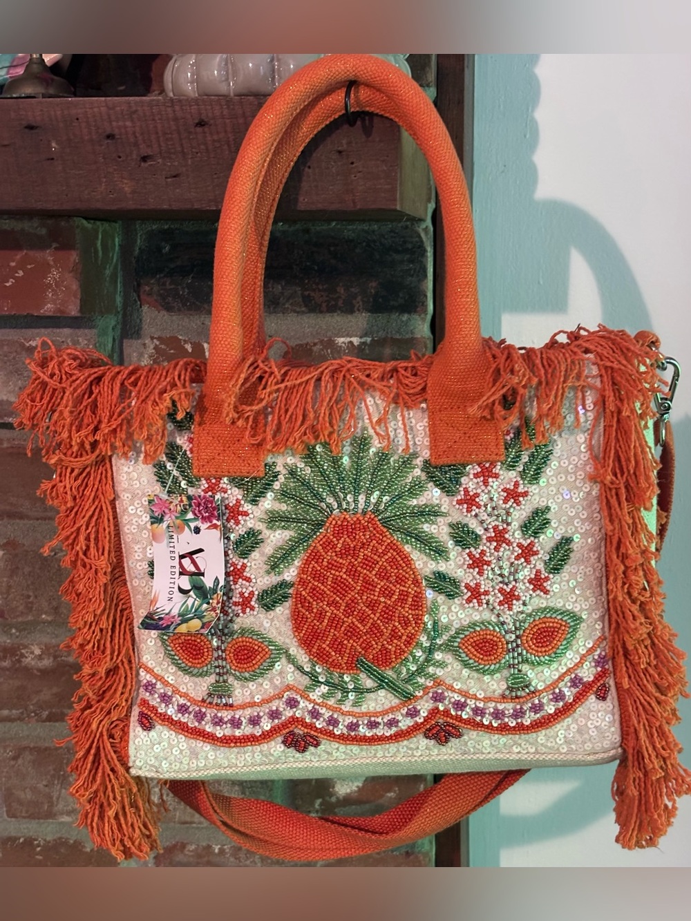 Orange Beaded Pineapple Fringe Shoulder Bag Limited Edition